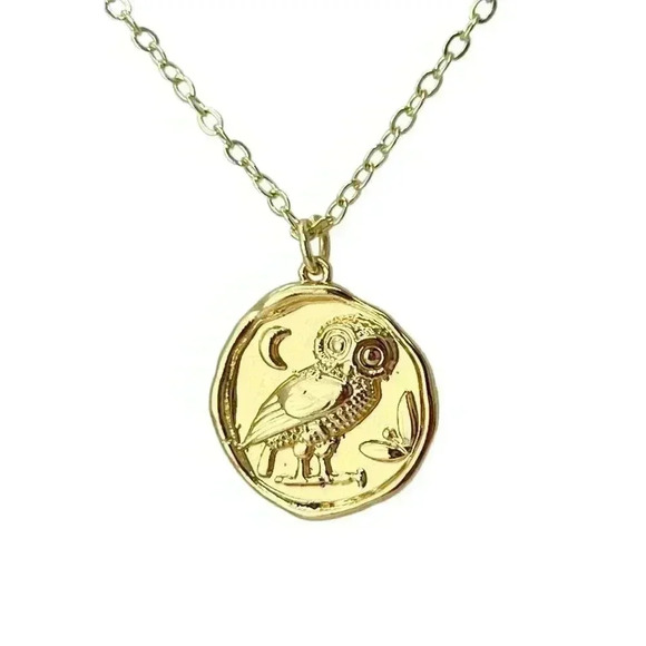 Gold coin owl necklace necklace Athena dainty minimalist jewelry - Picture 1 of 12